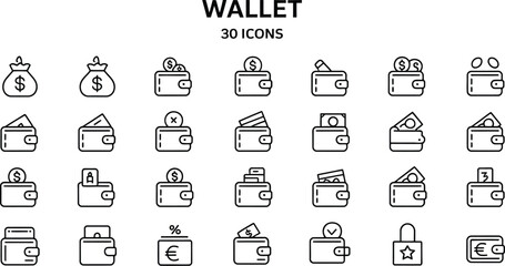 A collection of thirty wallet icons featuring money cards and security symbols