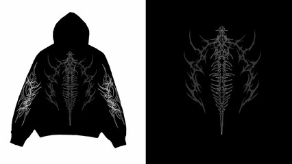 Neo tribal hoodie design, sharp and symmetrical shapes. Black white cyber ​​gothic streetwear aesthetic. cyber sigilism tattoo style tshirt merchandise.