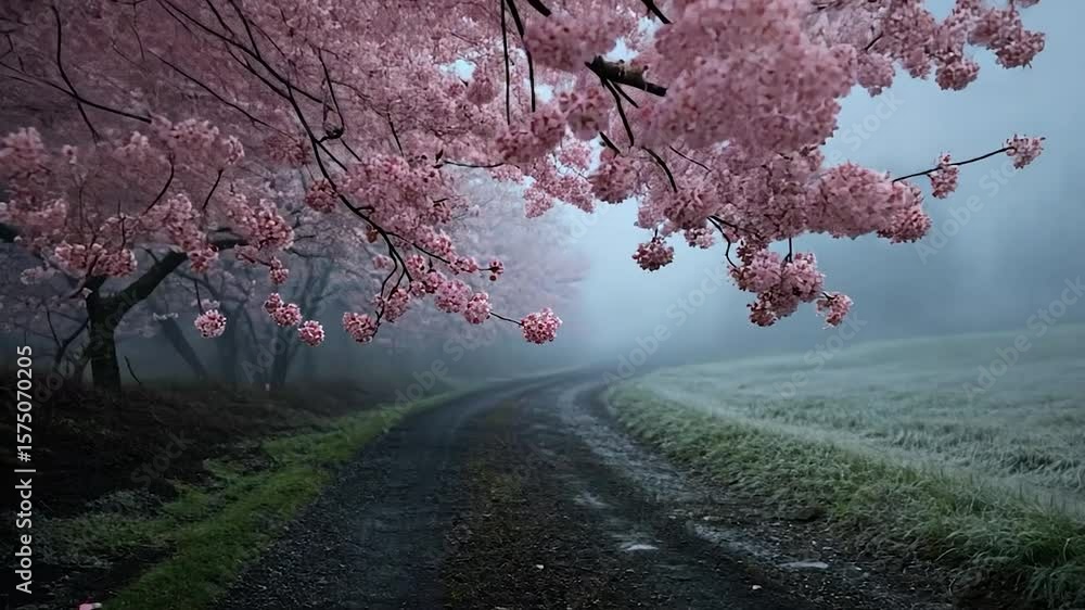 Poster a misty scene of a winding road bordered by generic trees in full bloom. the path leads towards a fo