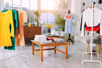 Interior of clothing shop with mannequin and racks