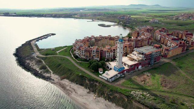 Aerial view of lighthouse and coastline, Bulgaria.