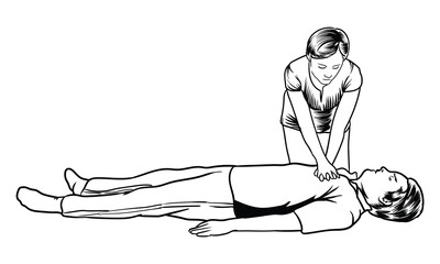 a woman performs CPR on a man
