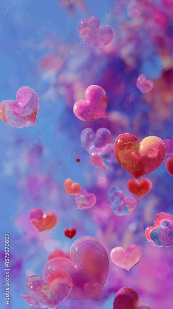 Poster many glossy hearts in different sizes and colors float gently against a vibrant, cloudy backdrop of 