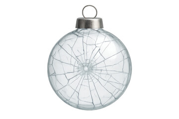 Fototapeta premium Broken clear glass christmas ball ornament with cracks and a hole, isolated on transparent background
