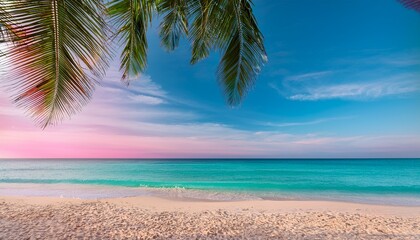 Fototapeta premium escape to a dreamy beach paradise the gentle turquoise sea meets soft pink skies under tropical palm