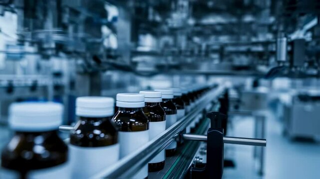 Amber plastic bottles with blank white labels move along a conveyor belt in a modern pharmaceutical factory, ready for filling and packaging