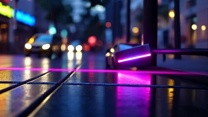 Close-up wet pavement reflects neon lights car headlights in a blurred urban evening scene focused on colorful reflections creating a moody atmosphere - Powered by Adobe
