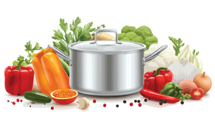 Realistic Vegetables and Pot Cooking Concept with Ingredients