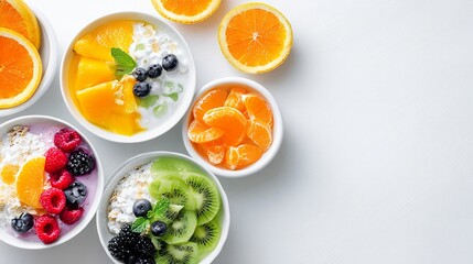 Vibrant Flat Lay of a Wholesome Healthy Breakfast with Seasonal Fruits, Oatmeal, and Honey on a Spotless Clean White Background