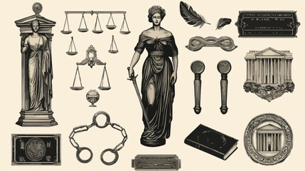 Vintage Judicial System Elements Set with Judge in Courtroom