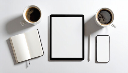 Digital Workspace: A minimalist workspace scene featuring a tablet, smartphone, coffee cups, a notebook, and a pen, all artfully arranged, creating a serene environment for productivity and ideation.
