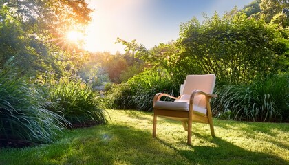 serene outdoor scene featuring a comfortable chair amidst lush greenery bathed in soft sunlight ideal for relaxation tranquility and nature themes flora spring tranquil