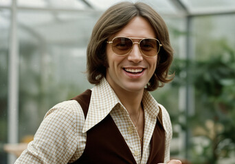 Fototapeta premium Smiling man with 70s sunglasses, the charisma of retro fashion
