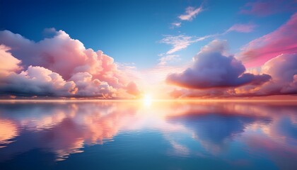 surreal landscape of pink and blue fluffy clouds with a glowing sun reflecting on tranquil water at sunset