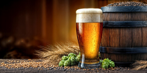 Golden-hued beer fills a crystal-clear glass, accompanied by a weathered barrel. Surrounding grains and hops add an authentic touch to this handcrafted brewery ambiance.
