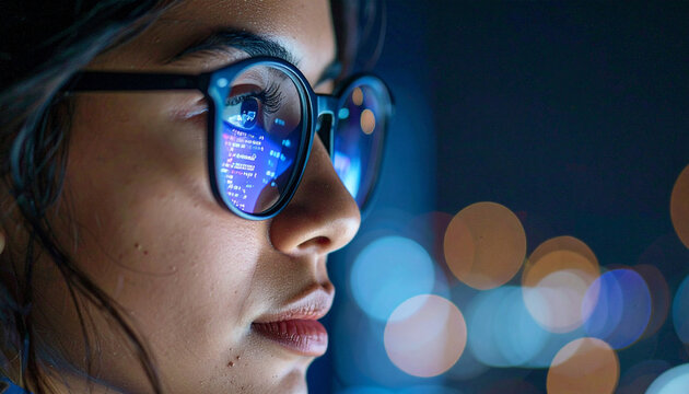 Tech Visionary Gaze: A focused individual peers through glasses, a world of technology reflected in their lenses, a blend of intellectual and modern aesthetic.
