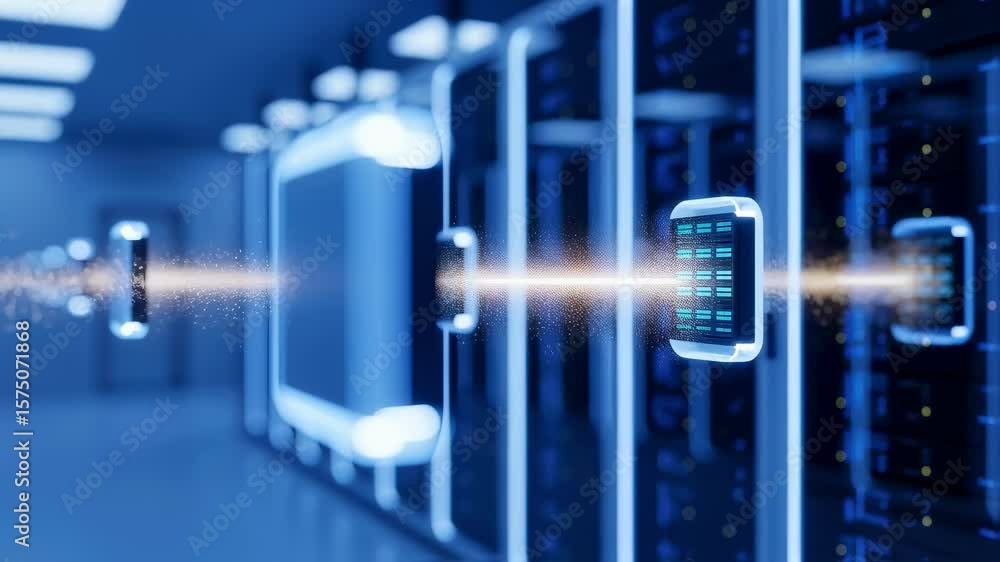 Poster futuristic animation depicting data transferring between servers in a modern datacenter, symbolizing