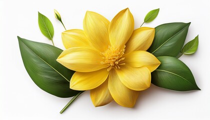 yellow flower illustration with green leaves on a white background