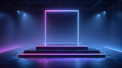 Empty podium on dark stage under spotlight with digital workspace elements