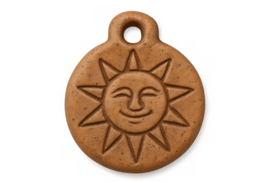 Cheerful ceramic sun pendant, glowing with vibrant yellow rays, hanging against transparent surface for seamless design application