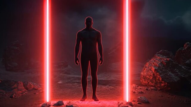 A silhouetted figure stands within a red neon frame amidst a rocky landscape under a dramatic sky. The scene evokes a sense of mystery and anticipation