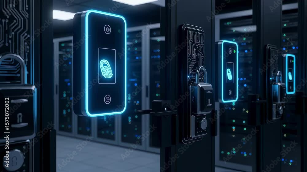 Poster futuristic server racks secured with fingerprint digital biometric scanning and a combination lock a