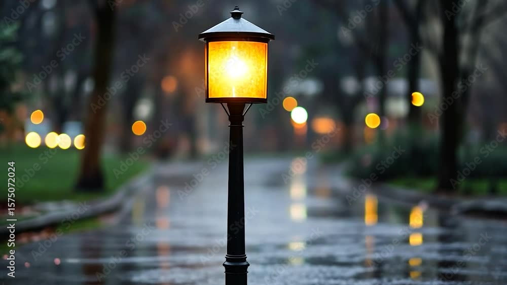 Poster a glowing street lamp illuminates a wet pathway through a park after rain creating a soft and serene