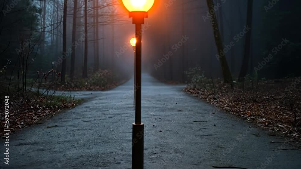 Poster a misty forest path splits leading towards an illuminated street lamp casting a warm glow on the wet