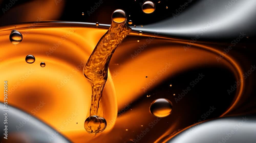 Poster abstract liquid art video featuring swirling orange and black colors with floating water droplets cr