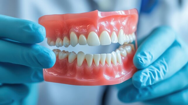 A pair of gloved hands holding a set of dentures showing the teeth and pink gum line in detail view