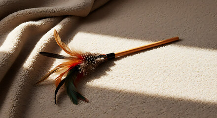 Feather teaser wand for cats on neutral fabric background, cozy home setup
