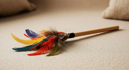 Feather teaser wand for cats on neutral fabric background, cozy home setup
