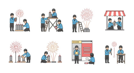 Fireworks Preparation and Celebration Icons Set