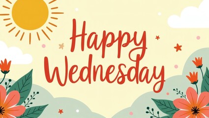 Fototapeta premium Cheerful ‘Happy Wednesday’ Illustration with Sunshine, Coffee Cup, and Blooming Flower – Bright Colors, Soft Lighting, and Uplifting Midweek Vibe for Social Media or Greeting Use