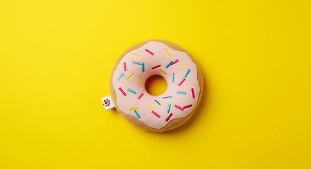 Soft donut-shaped plush toy for pets, flatlay with bright background
