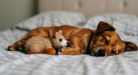 Small squeaky animal toy beside sleeping puppy on bed, candid moment style

