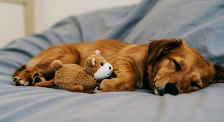 Small squeaky animal toy beside sleeping puppy on bed, candid moment style
