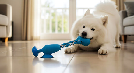  Suction-cup tug toy for dog stuck on tile floor, shown with dog pulling, active playtime photo
