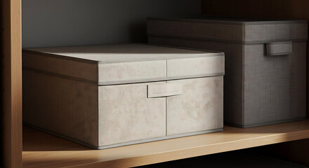  Foldable fabric storage box with label tag, placed on closet shelf, neutral tones, organization concept
