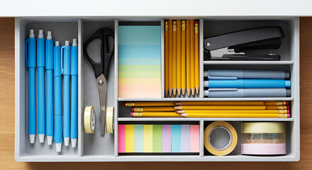 Desk drawer organizer tray with neatly separated office supplies, top-down flatlay
