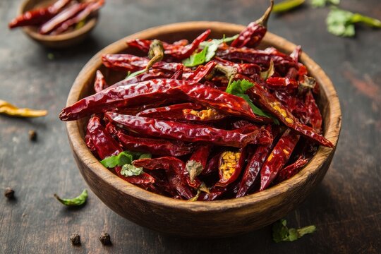 A wooden bowl filled with dried red chili peppers and cilantro on a dark textured surface close up view