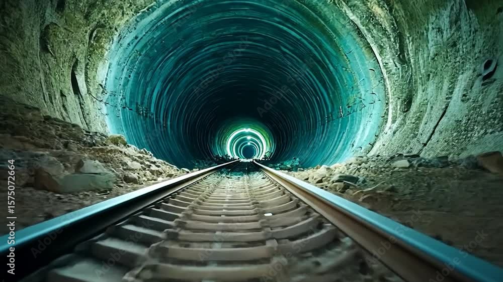 Poster a long tunnel with railroad tracks leading towards bright light at the end inside a stone structure 