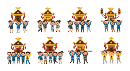 Mikoshi Carriers: Traditional Japanese Festival Illustration Set