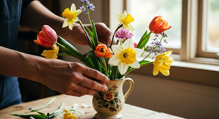  Hands arranging fresh flowers into a small vase, natural lighting, soft home moment
