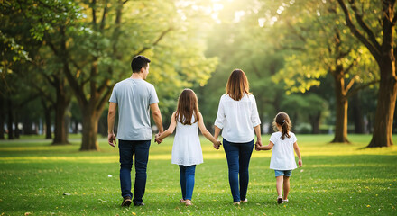  Back view of young family walking together holding hands in park, soft blur background, emotional lifestyle

