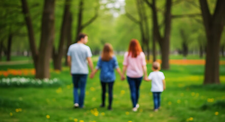  Back view of young family walking together holding hands in park, soft blur background, emotional lifestyle
