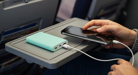  Pastel power bank with matching phone cable placed on tray table, lifestyle image for modern traveler

