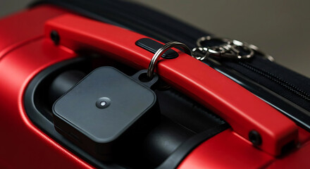  Smart tag tracker with keyring attached to luggage, safety travel gear, macro detail
