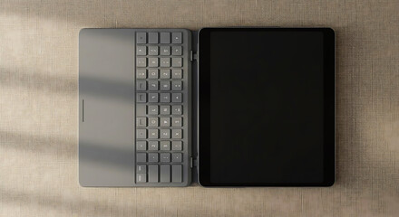  Bluetooth keyboard folded beside tablet, minimalist travel work setup, top-down shot

