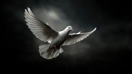 Obraz premium Captivating perspective of a white dove ascending gracefully set against an ominous dark environment embodying the duality of light and darkness.